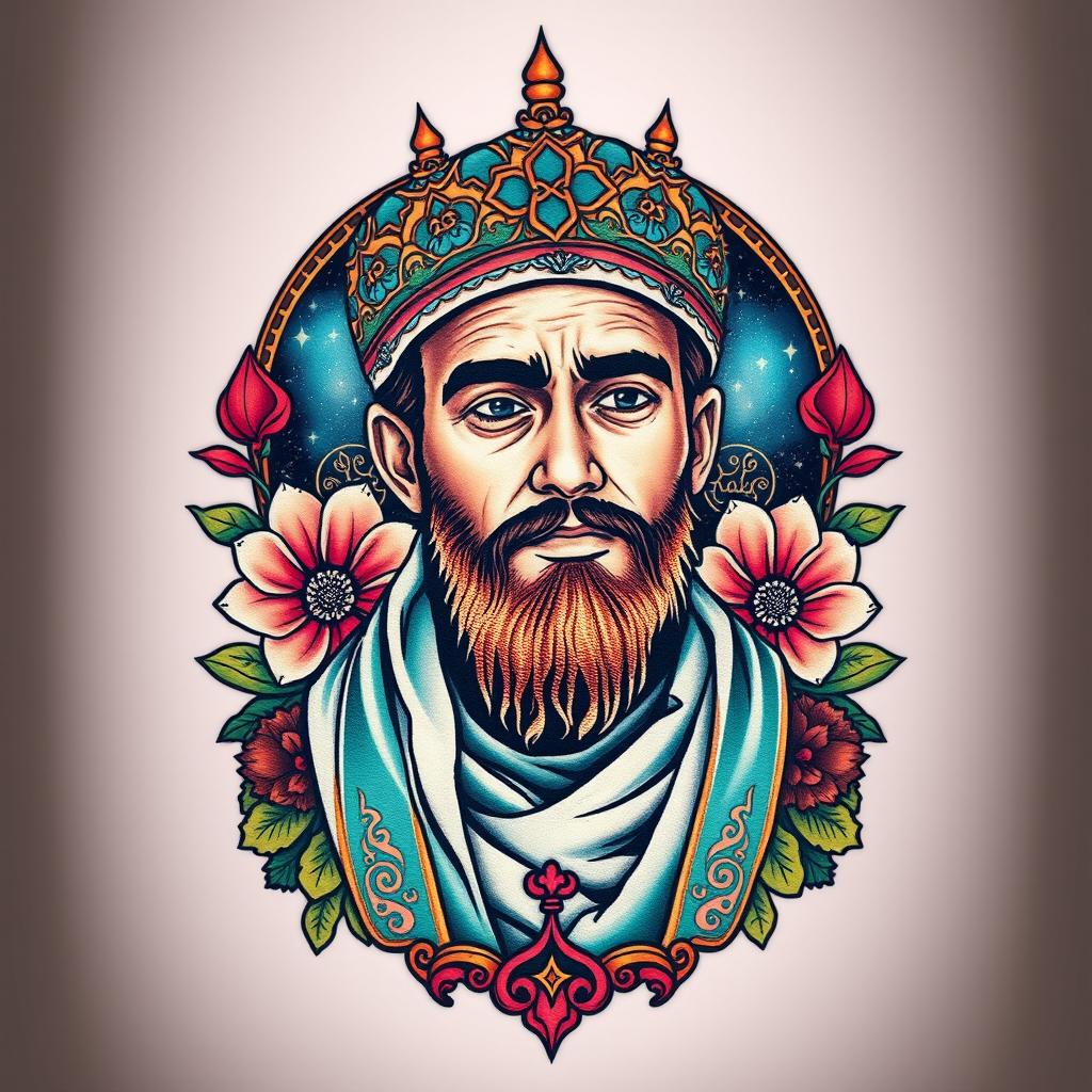 A beautifully designed tattoo of Abu Abdullah (Husayn ibn Ali), featuring intricate details and vibrant colors
