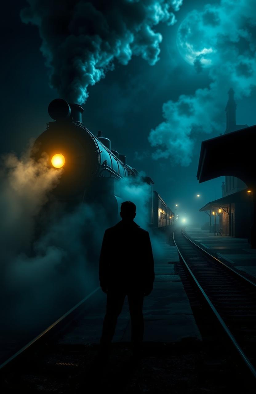 A haunting scene depicting the last train home at night, shrouded in mystery and horror