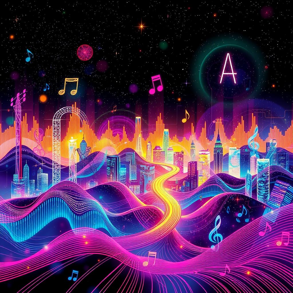 An abstract representation of a vibrant music landscape for an AI music project named 'IA Synthétique'