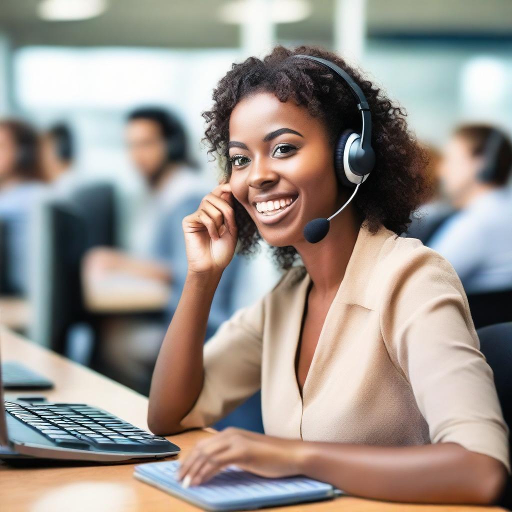 A young woman working at a call center, attentively answering a phone call while simultaneously playing bingo and celebrating a million-dollar win.