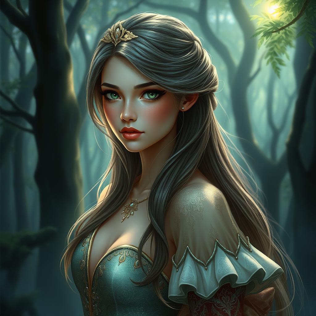 A beautifully detailed fantasy portrait of a woman with captivating features, long flowing hair, and radiant green eyes, set against a mystical forest background
