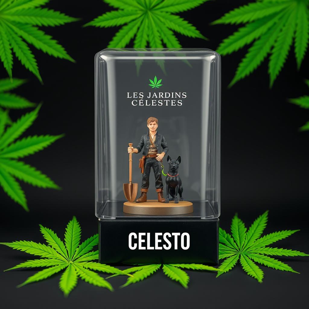 A beautifully designed product packaging mockup for a collectible figurine titled 'Les Jardins Célestes'