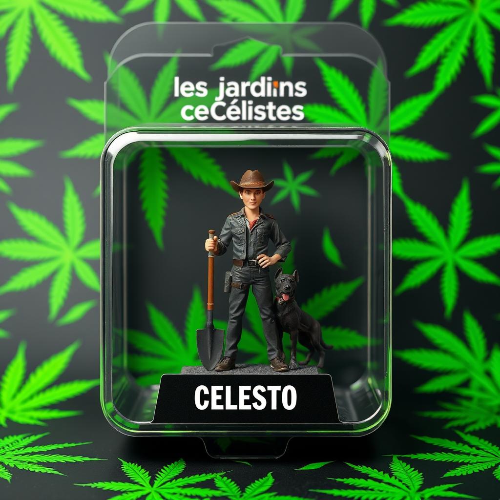 A product packaging mockup for a collectible figurine for "Les Jardins Célestes"