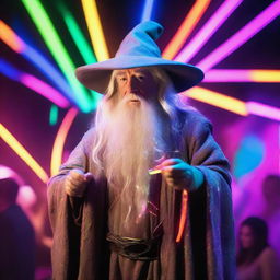 Gandalf the wizard dressed in his traditional gray robes, surrounded by multicolored neon lights and glowing glow-sticks in a lively rave atmosphere.