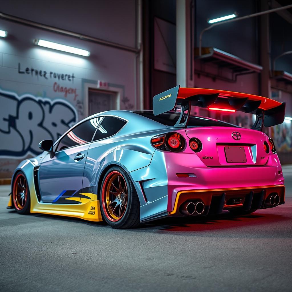 A customized sports car with a sleek design, featuring a prominent rear spoiler (aleron), vivid colors and a shiny finish
