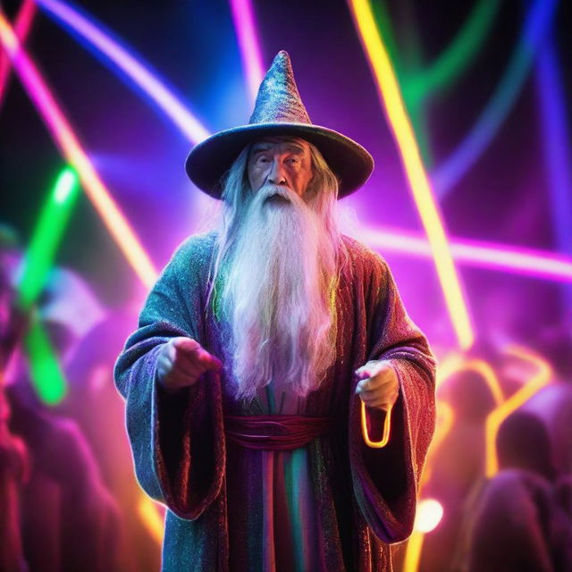 Gandalf the wizard dressed in his traditional gray robes, surrounded by multicolored neon lights and glowing glow-sticks in a lively rave atmosphere.