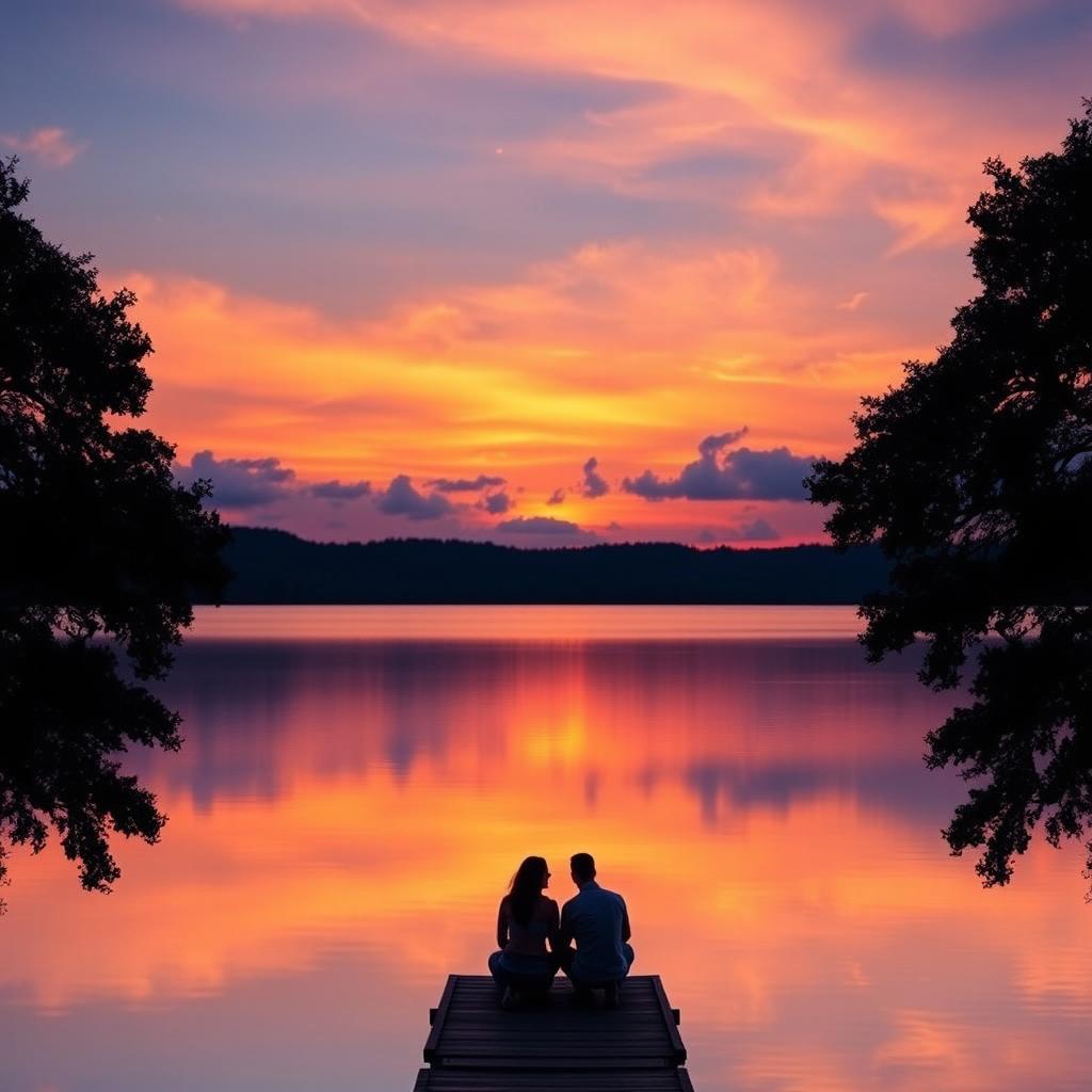 A beautiful sunset over a calm lake, with the sky painted in vibrant shades of orange, pink, and purple, reflecting on the still water