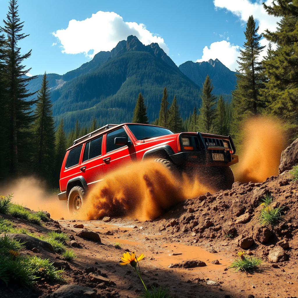An exhilarating off-road adventure scene, showcasing a powerful 4x4 vehicle navigating through rugged terrain