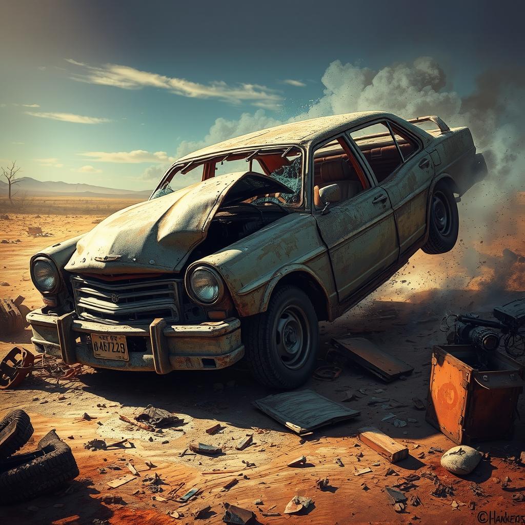 a vividly detailed depiction of a crushed car, showcasing dented metal and shattered glass in a dramatic scene, with debris scattered around, surrounded by a desolate landscape, emphasizing the destruction and abandonment, with warm sunlight illuminating parts of the car to create contrast, capturing the essence of a post-apocalyptic setting