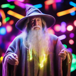 Gandalf the wizard dressed in his traditional gray robes, surrounded by multicolored neon lights and glowing glow-sticks in a lively rave atmosphere.