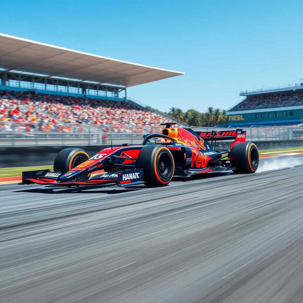 A stunning Formula 1 racing car speeding down a circuit, showing off its aerodynamic design and vibrant colors