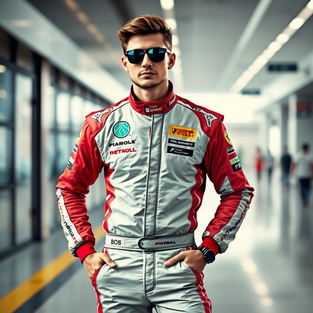 A digitally altered image featuring a person wearing an F1 racing suit incorporated into their current outfit