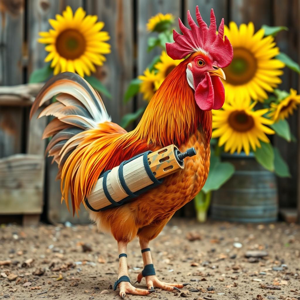 A humorous scene featuring a rooster with a broken arm prominently displayed in a splint