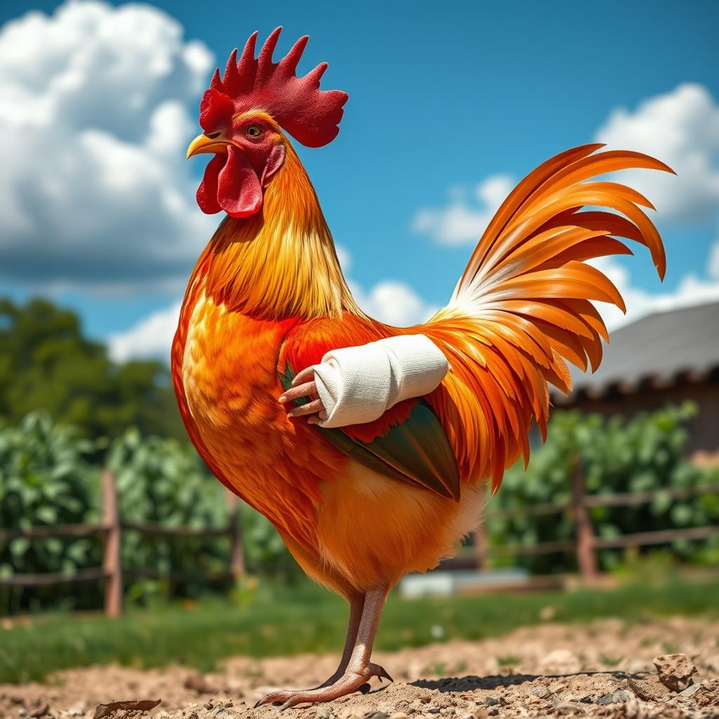 A vibrant, colorful rooster standing proudly despite its broken arm, which is delicately bandaged