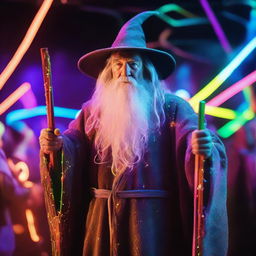 Gandalf the wizard dressed in his traditional gray robes, surrounded by multicolored neon lights and glowing glow-sticks in a lively rave atmosphere.