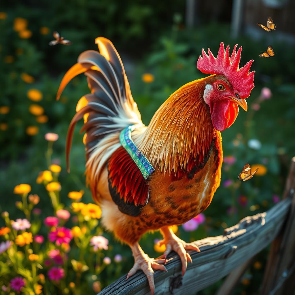 A close-up of a rooster with a beautifully detailed feather texture, featuring a prominent broken wing wrapped in a colorful bandage