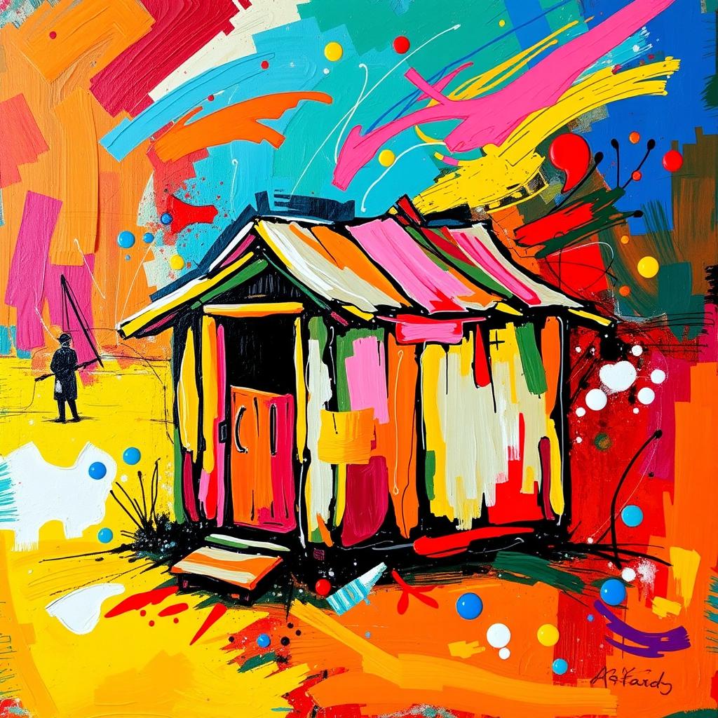 An abstract acrylic painting that features a vibrant and dynamic representation of a shanty, incorporating bold colors and energetic brushstrokes