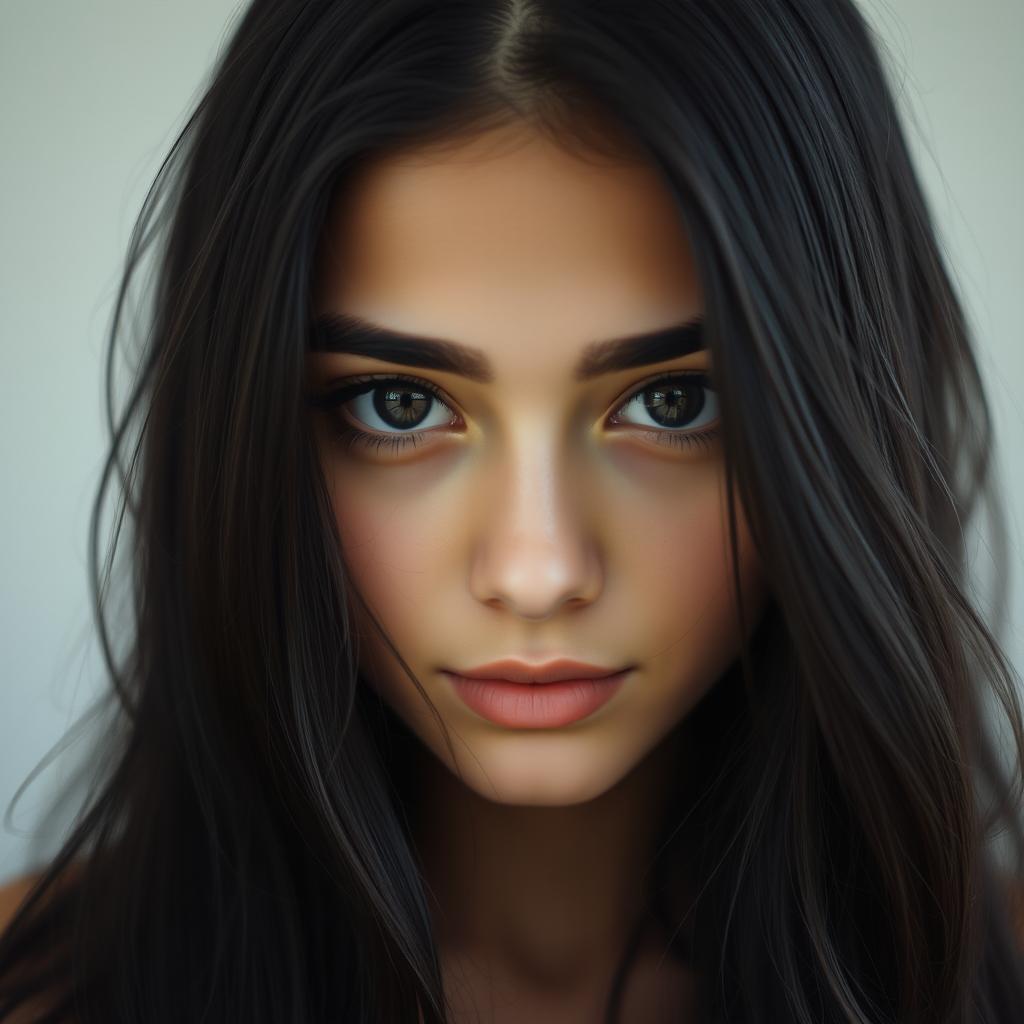 A close-up portrait of a beautiful Iranian girl with striking black eyes and flowing black hair