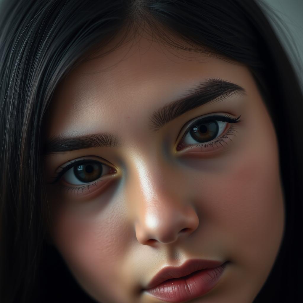 A close-up portrait of a beautiful Iranian girl with mesmerizing black eyes and shiny black hair