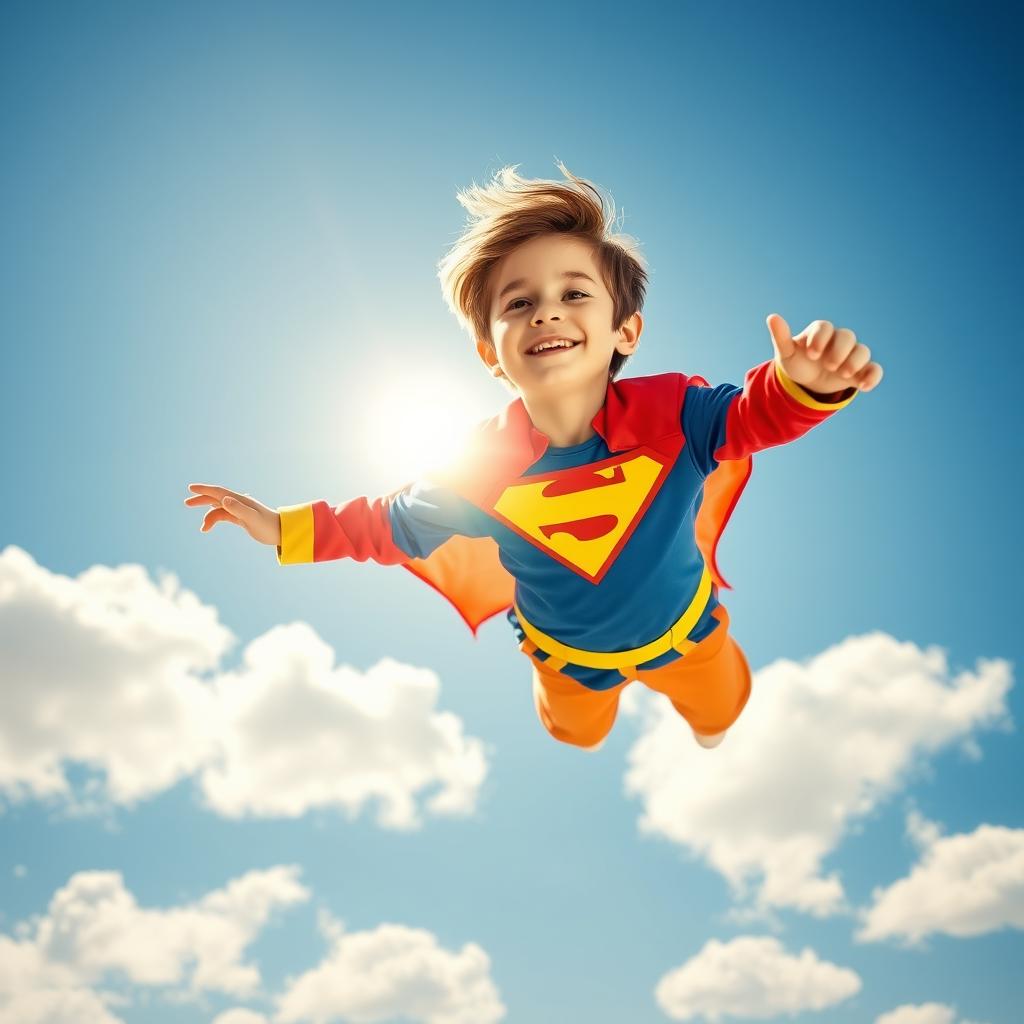 A young boy soaring through a bright blue sky in a colorful superhero costume, complete with a flowing cape