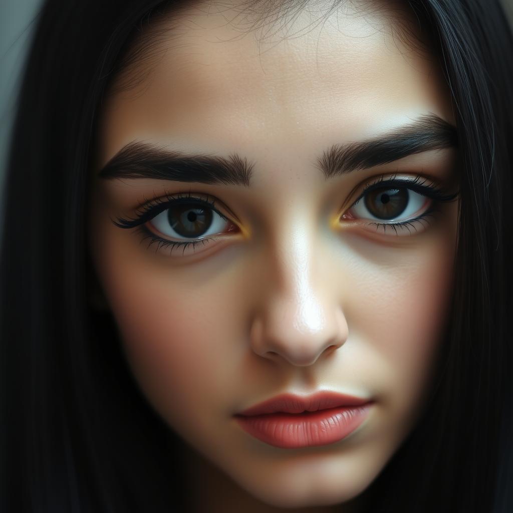 A close-up portrait of a beautiful Iranian girl with deep black eyes and glossy black hair