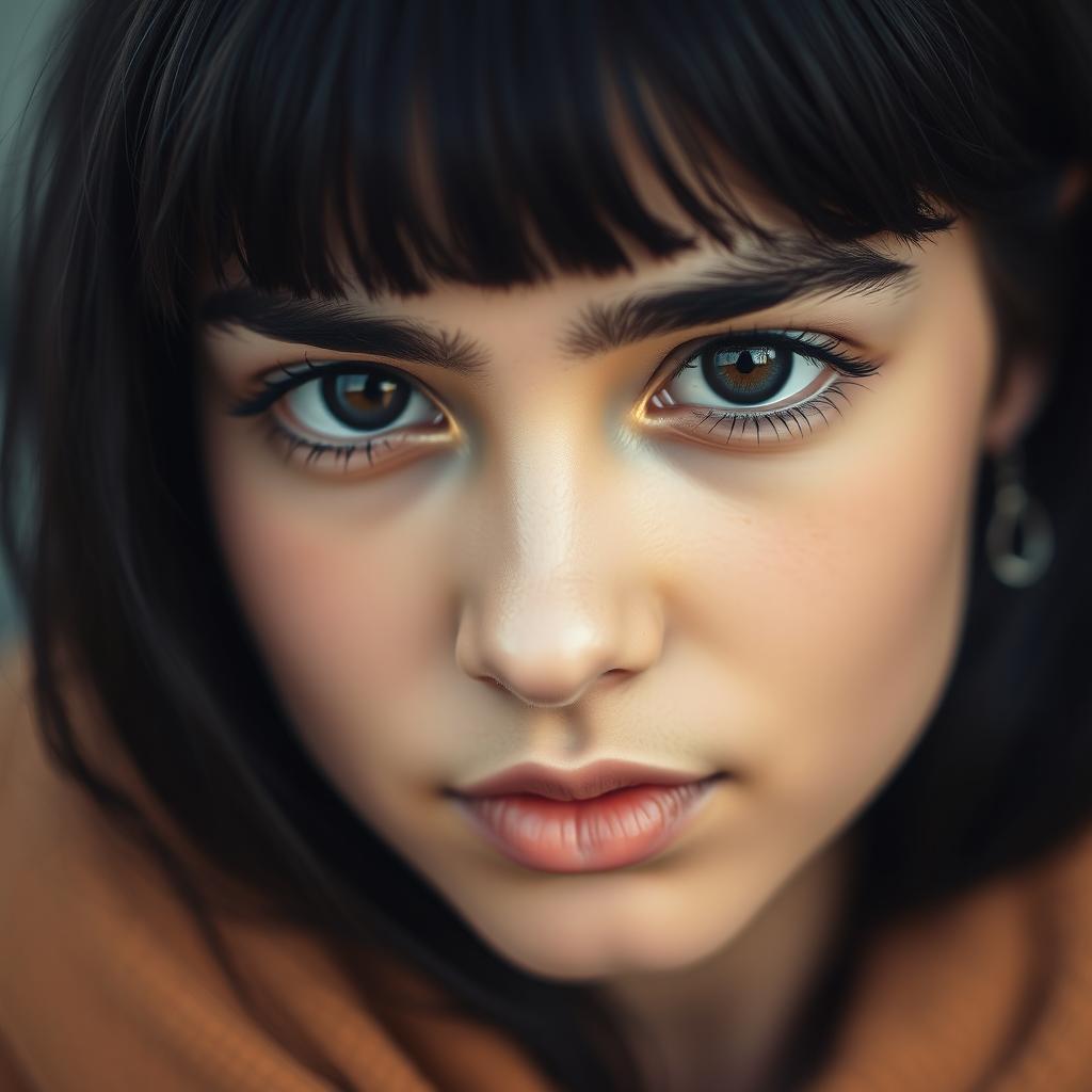 A close-up portrait of a beautiful Iranian girl with alluring black eyes and silky black hair