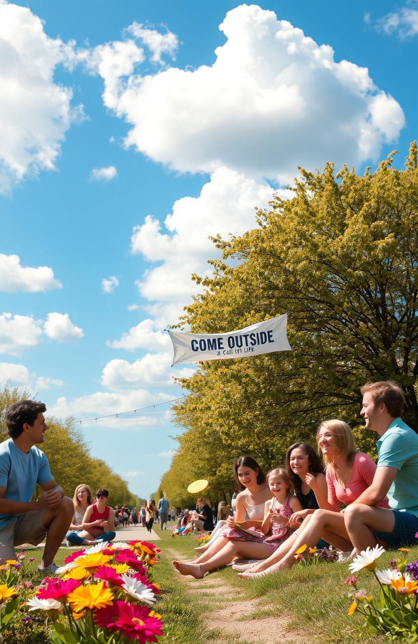 A vibrant and inviting scene set in a picturesque park during springtime, showcasing people enjoying the outdoors