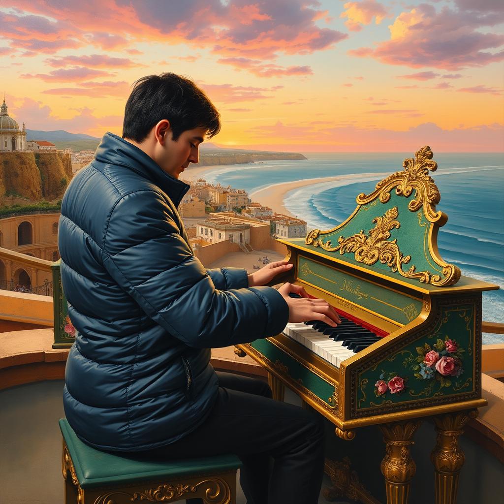 A highly detailed Baroque-style oil painting of a man with short dark hair, clad in a navy blue puffer jacket and dark pants, skillfully playing an elaborate harpsichord that boasts three keyboards