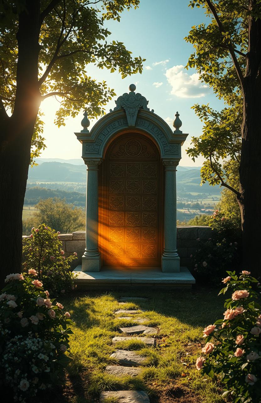 A hauntingly beautiful scene depicting an open tomb, surrounded by lush greenery and blooming flowers