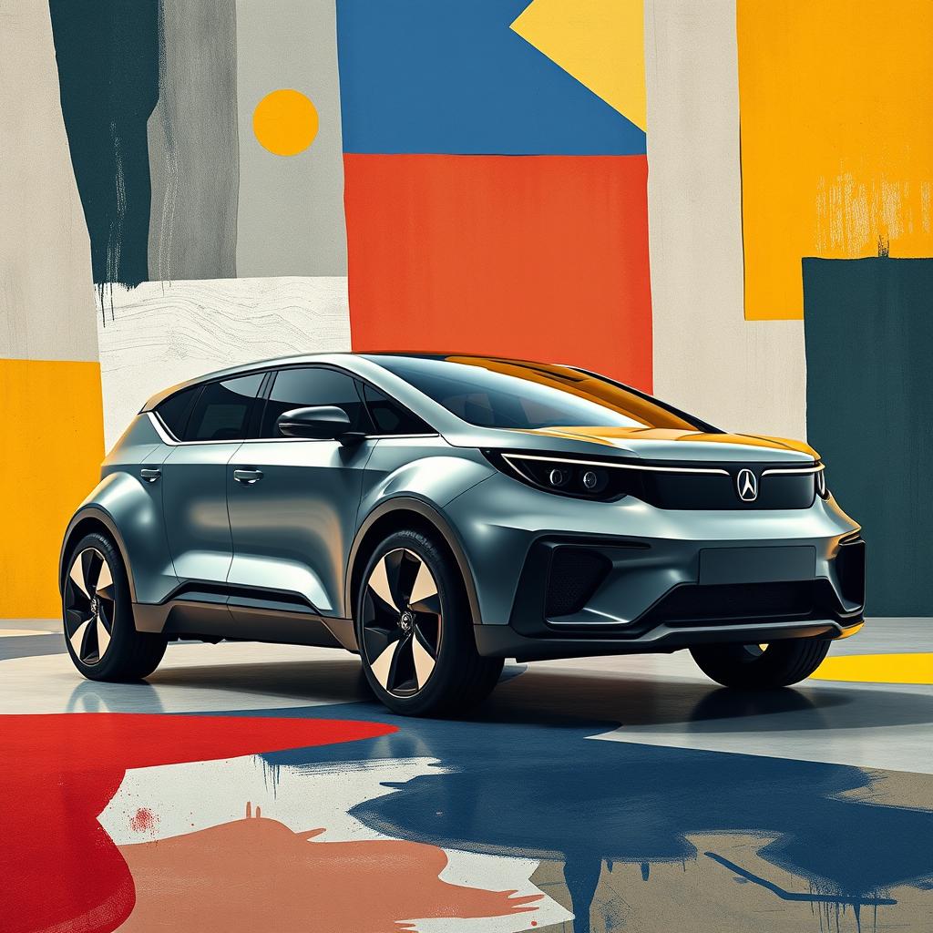 A highly detailed visual representation inspired by Picasso's style, featuring a C Four vehicle designed in a sleek, modern fashion
