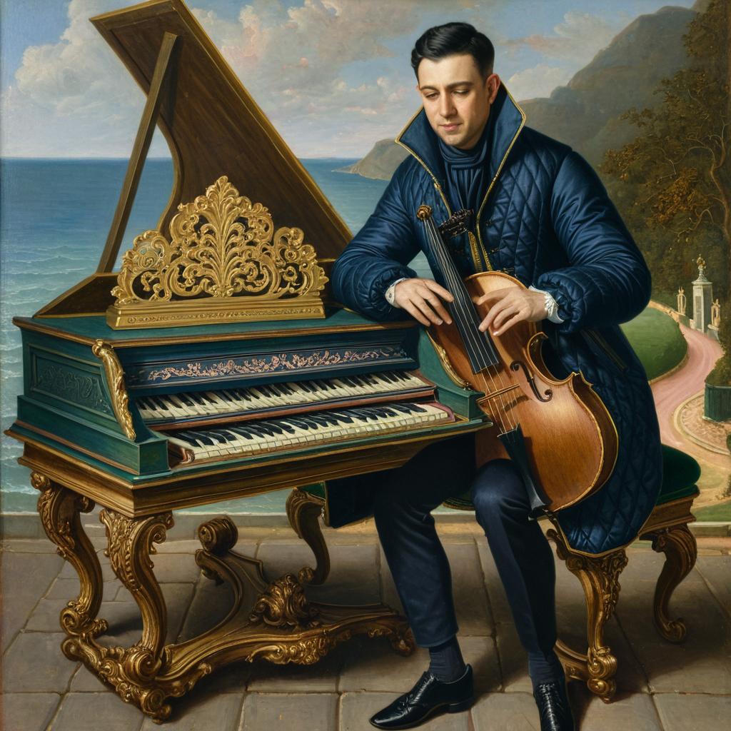 A highly detailed Baroque-style oil painting of a man with short dark hair, wearing a navy blue puffer jacket and dark pants, playing an elaborate harpsichord with three keyboards. The harpsichord is richly decorated with emerald green panels, golden carvings, and floral paintings in pink and blue. The man is seated, playing with focus. In the background is Praia dos Pescadores in Albufeira, Portugal, with golden cliffs, traditional white houses, and the Atlantic Ocean under a warm sunset sky in pink and lilac tones. Dramatic lighting, deep shadows, and expressive brushwork give the painting a classic late Baroque feeling.
