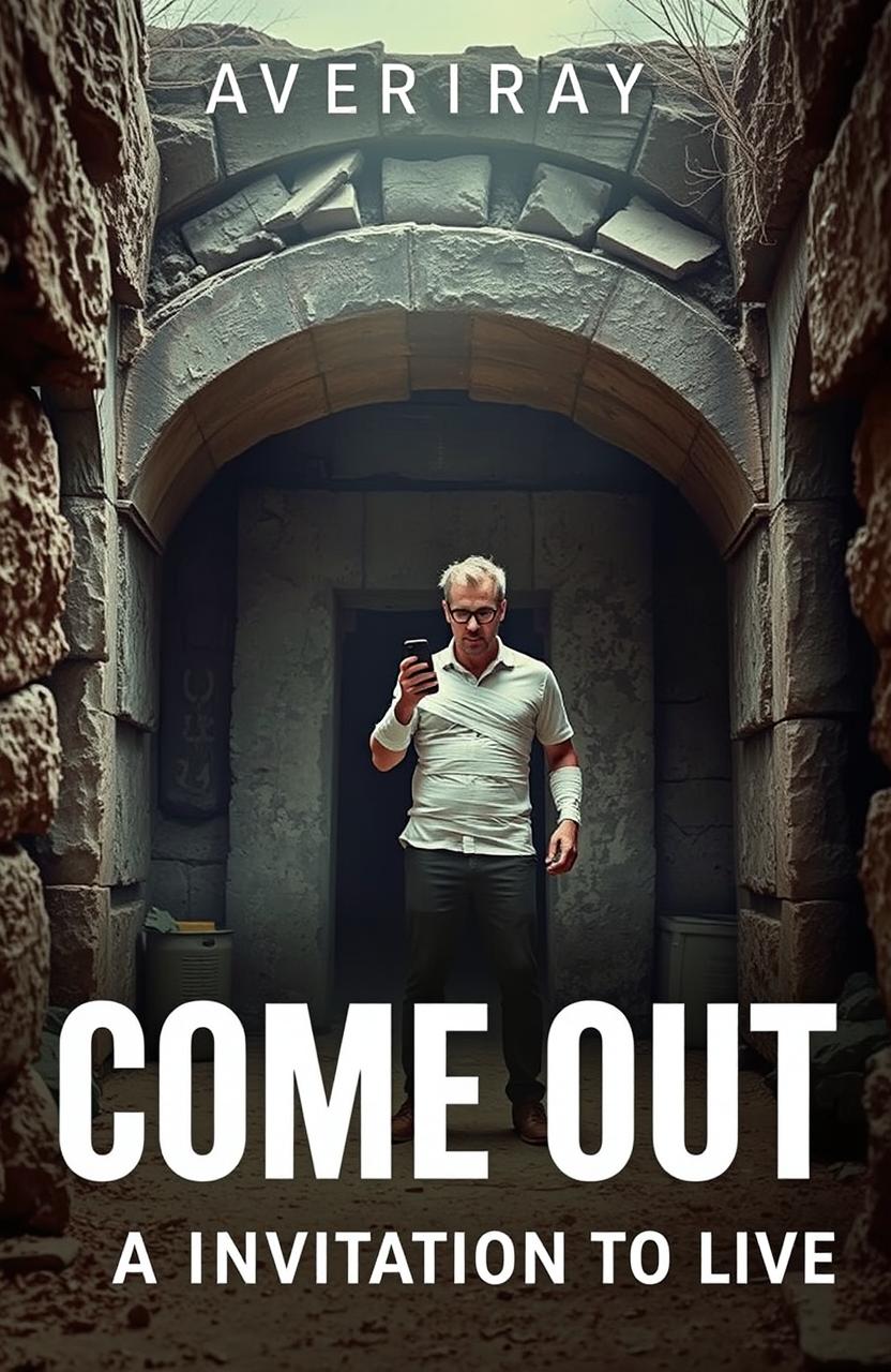 An ancient open tomb with a man holding a phone in his hand, wrapped in bandages, standing at the entrance