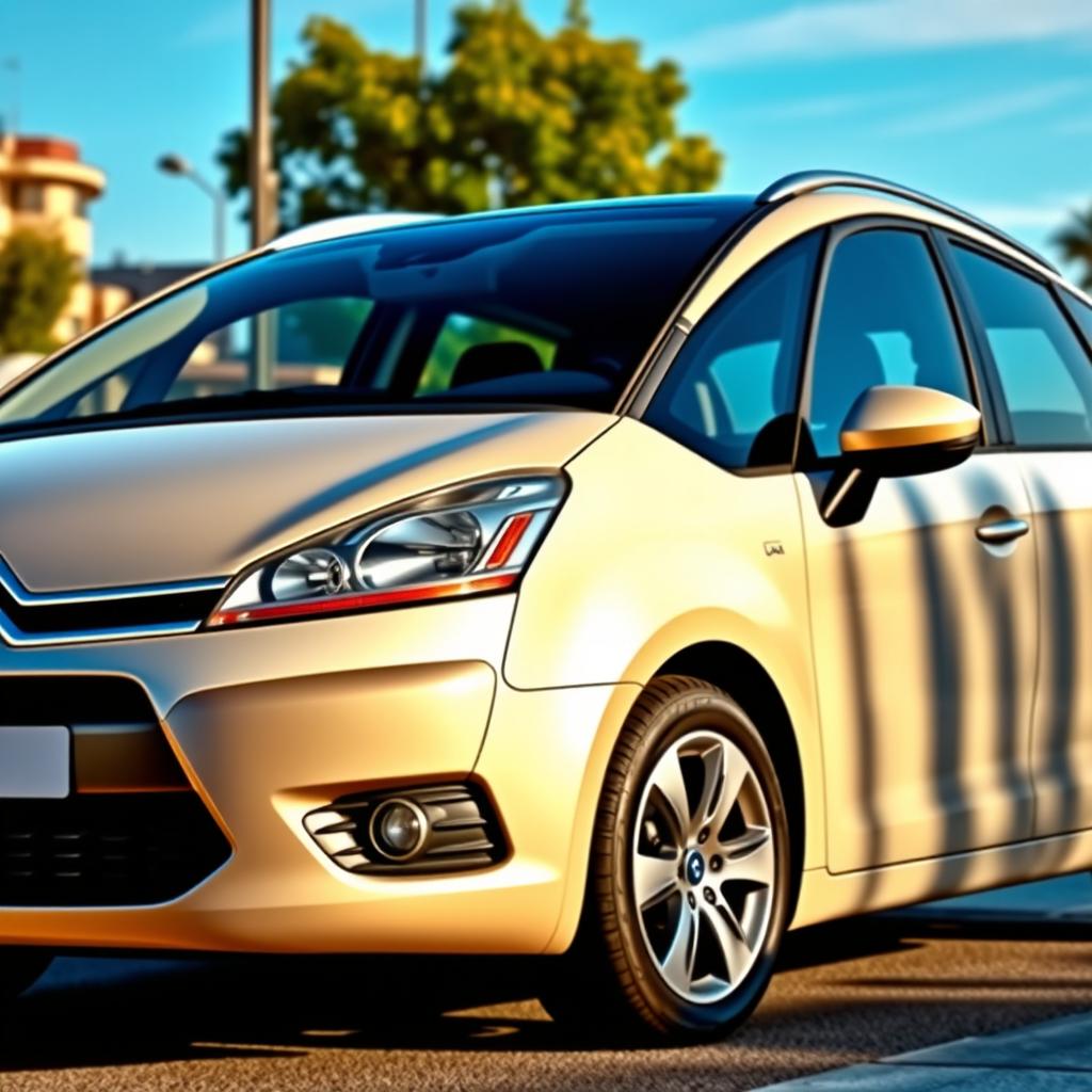 A detailed and realistic representation of a 2008 Citroën C4 Picasso, showcasing its sleek design, modern features, and interior space