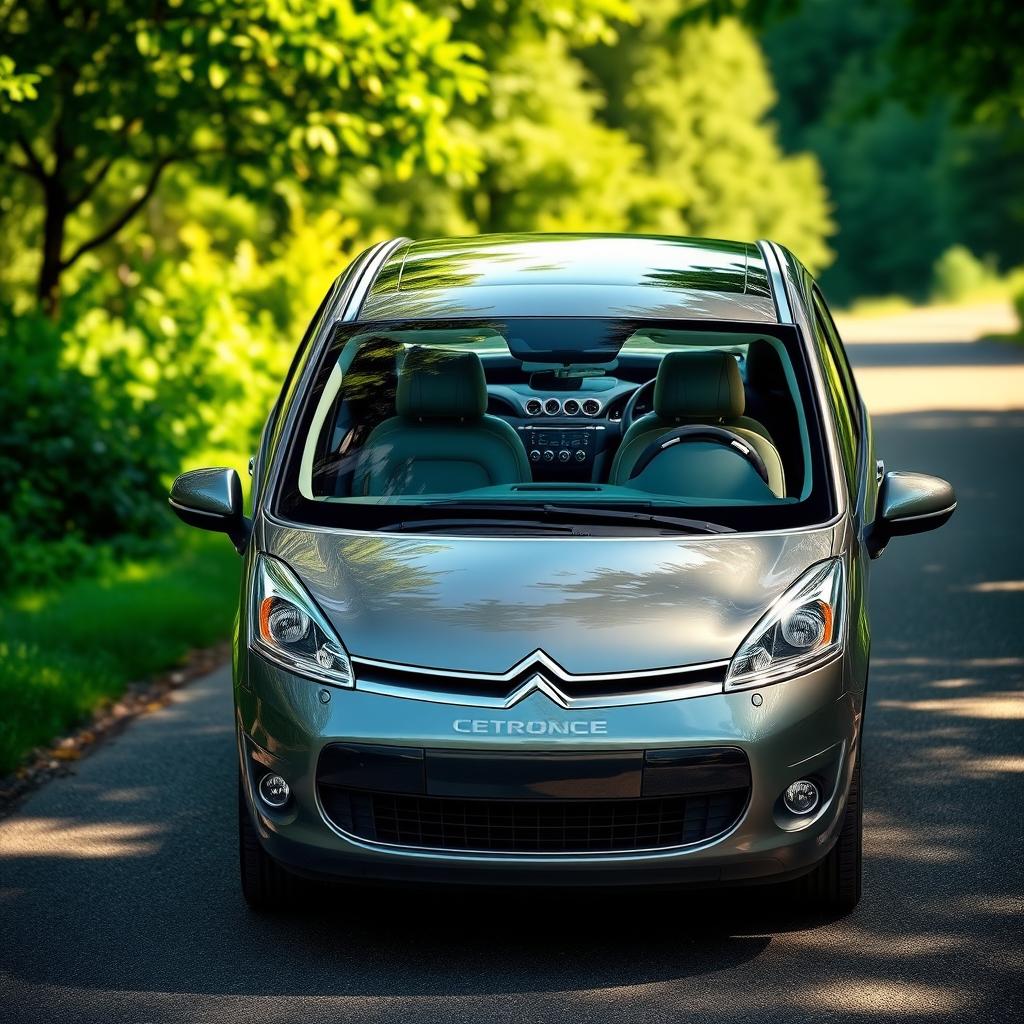 A detailed and realistic view of a 2008 Citroën C4 Picasso, showcasing its distinctive design features such as the sleek lines, unique headlights, and spacious interior
