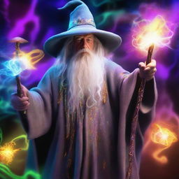 Gandalf the wizard in his traditional gray robes at a vivid rave filled with neon lights and glowing glow-sticks, enhanced with a magical whimsical swirl of ethereal mushrooms and a powerful presence of the holy spirit.