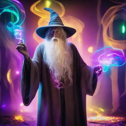 Gandalf the wizard in his traditional gray robes at a vivid rave filled with neon lights and glowing glow-sticks, enhanced with a magical whimsical swirl of ethereal mushrooms and a powerful presence of the holy spirit.