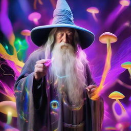 Gandalf the wizard in his traditional gray robes at a vivid rave filled with neon lights and glowing glow-sticks, enhanced with a magical whimsical swirl of ethereal mushrooms and a powerful presence of the holy spirit.