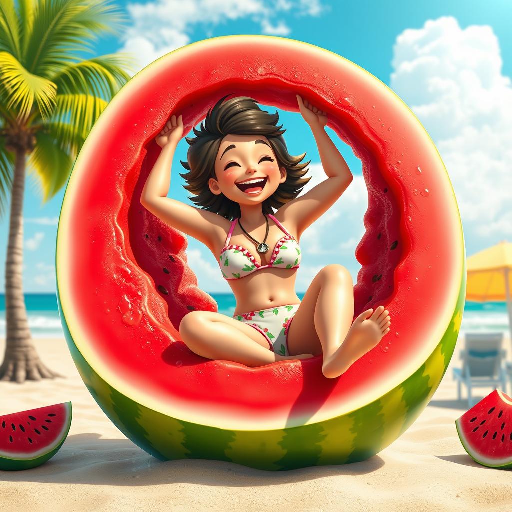 A whimsical scene featuring a person joyfully sitting inside a watermelon half, surrounded by bright, vibrant colors