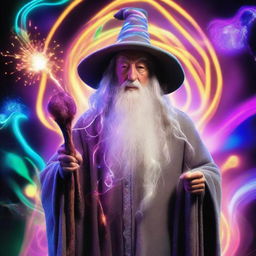 Gandalf the wizard in his traditional gray robes at a vivid rave filled with neon lights and glowing glow-sticks, enhanced with a magical whimsical swirl of ethereal mushrooms and a powerful presence of the holy spirit.