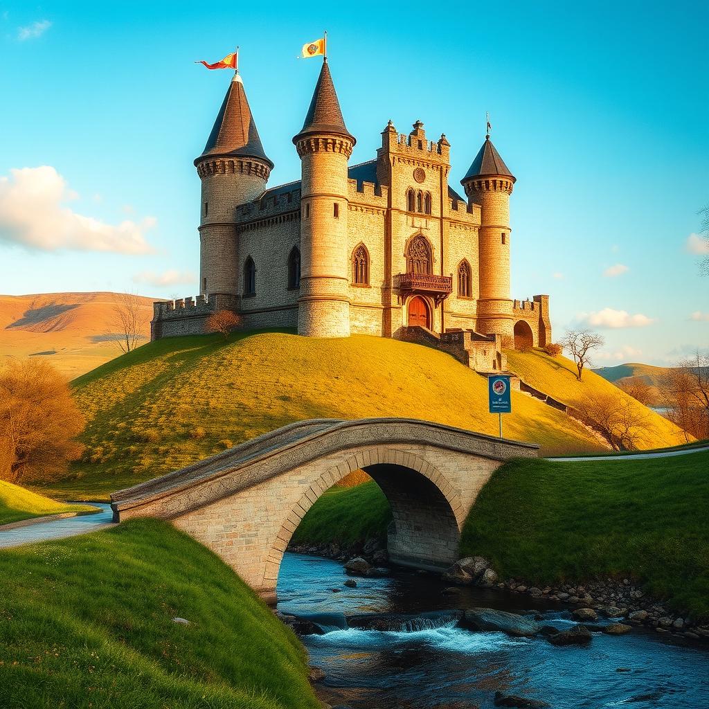 A magnificent medieval castle standing atop a lush green hill, surrounded by a serene landscape of rolling hills and a clear blue sky