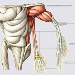 A detailed, accurate representation of the human bicep muscle anatomy highlighting the muscle fibers, tendons, and the attachment to the bones in a medical context.