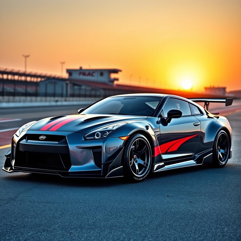 A sleek, modified sports car parked in a dynamic environment, showcasing its aggressive styling