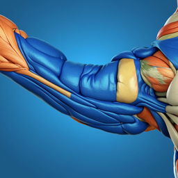 A detailed, accurate representation of the human bicep muscle anatomy highlighting the muscle fibers, tendons, and the attachment to the bones in a medical context.