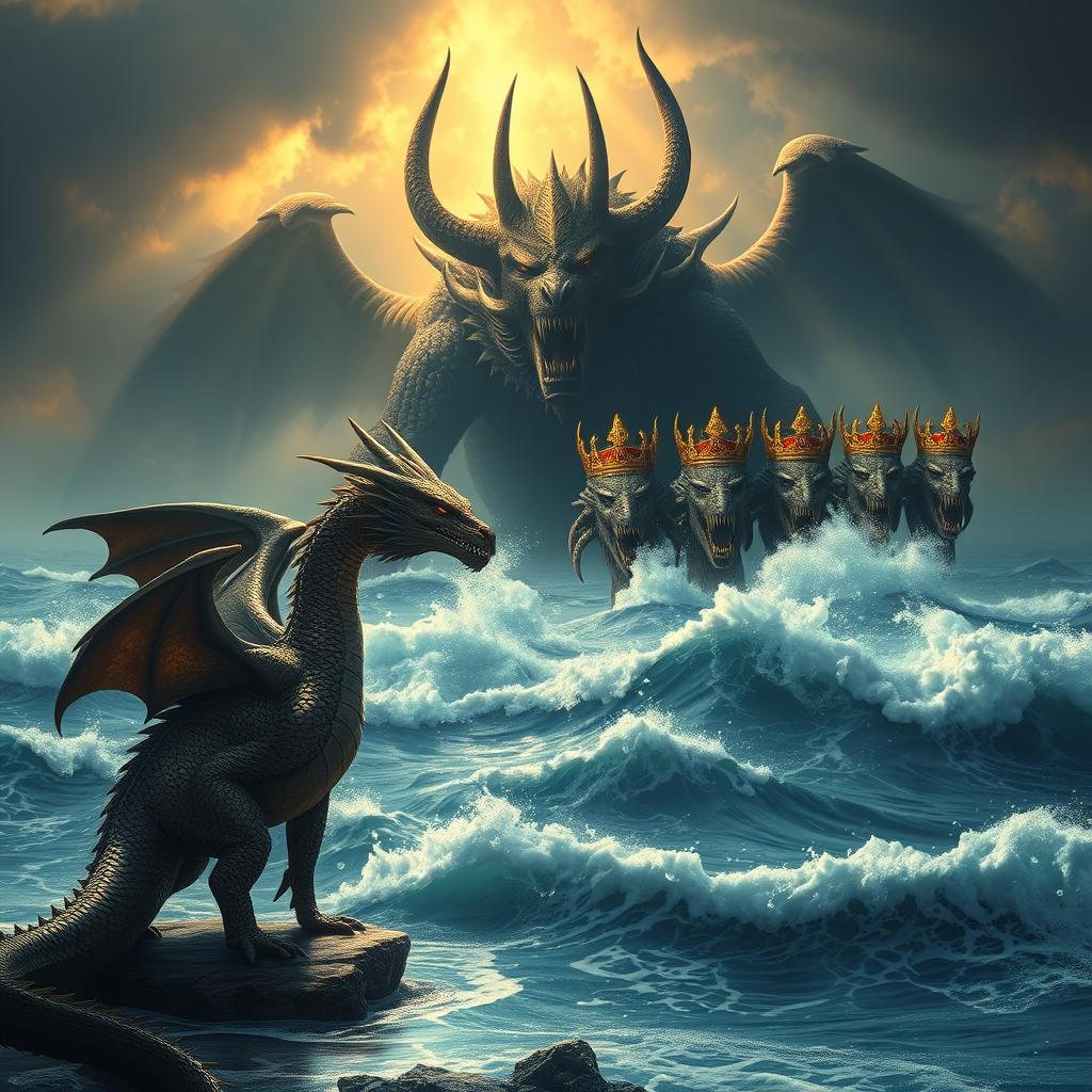 A majestic dragon standing on the shore of a turbulent sea, its scales glistening under the sunlight, exuding an aura of power and mystery