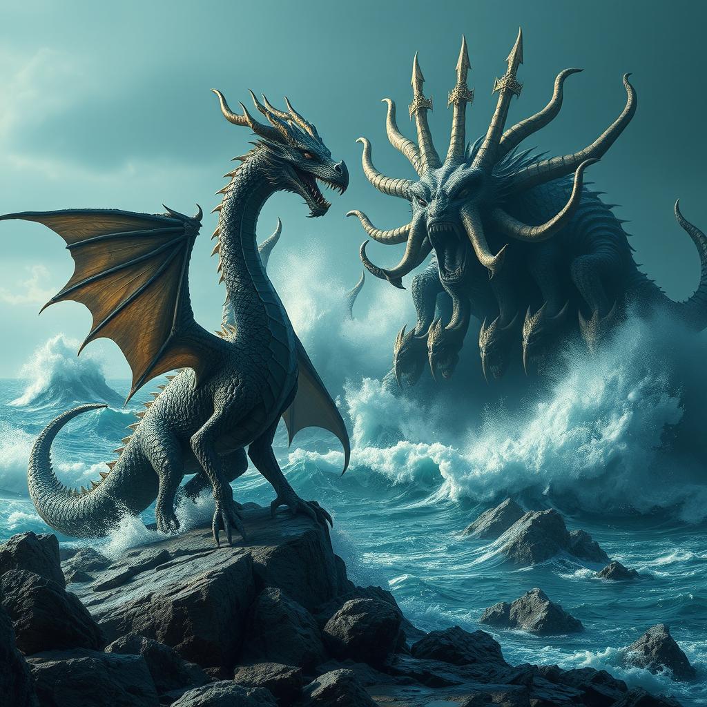 A magnificent dragon standing majestically on the rugged shore, the waves crashing violently against the rocks, creating a dramatic scene