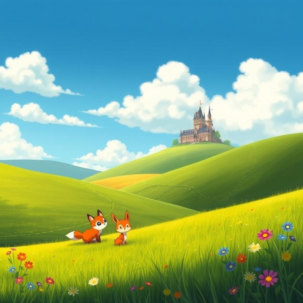 A whimsical Ghibli-inspired landscape featuring lush, rolling hills with vibrant green grass and colorful wildflowers