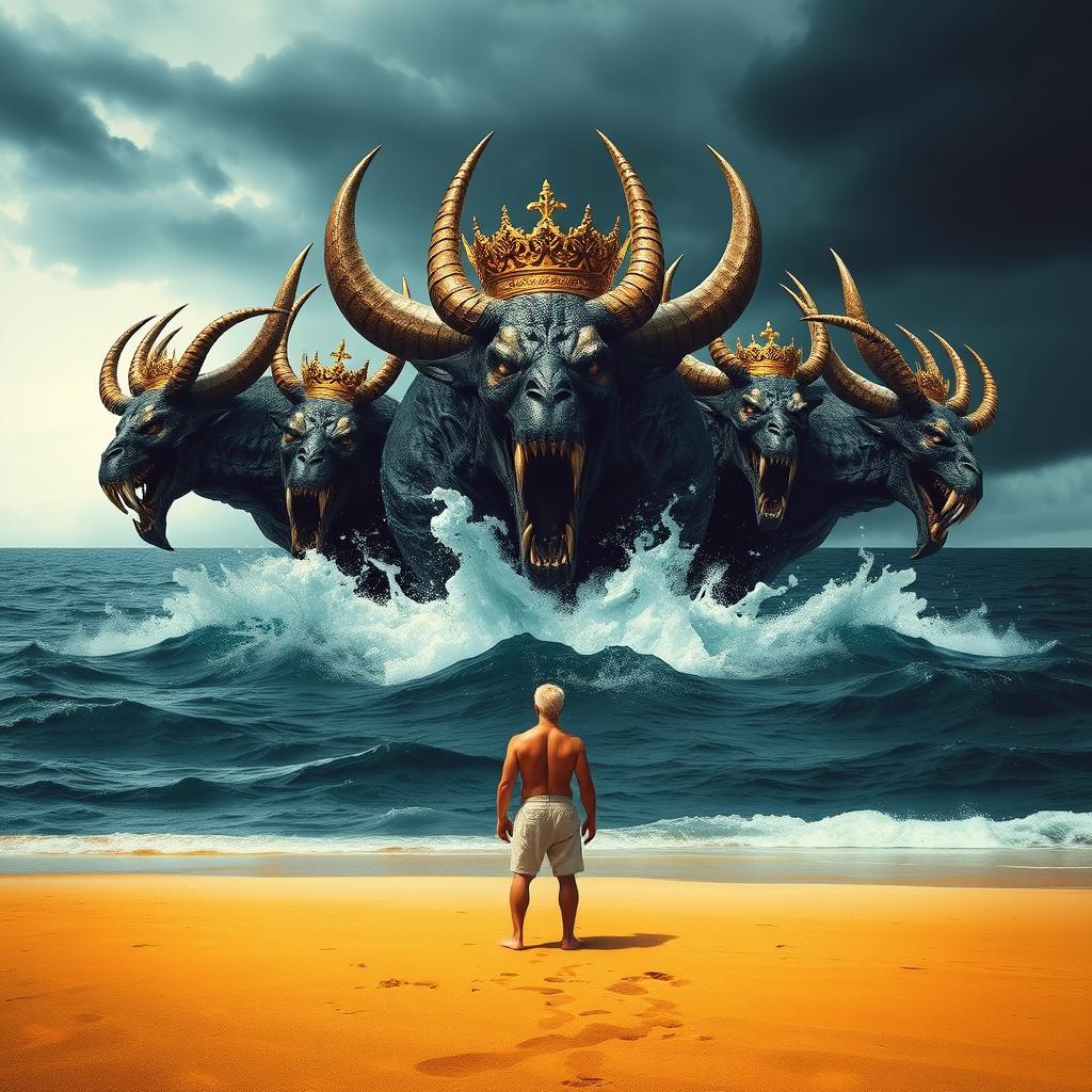 Standing on the golden sand of the beach, I witness a colossal beast rising ominously from the depths of the dark sea, its massive form breaking through the surface with a surge of water around it