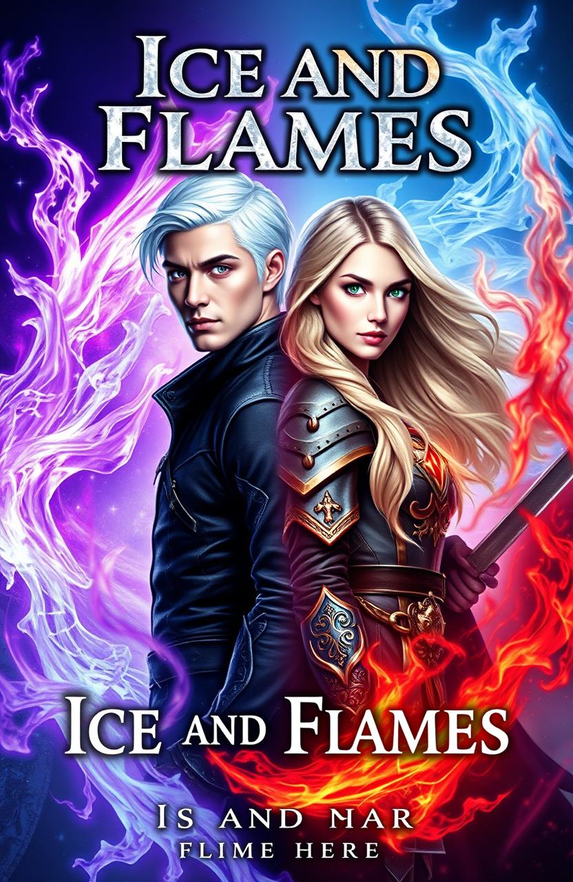 A fantasy book cover titled "Ice and Flames" featuring a man and woman standing back to back at the center