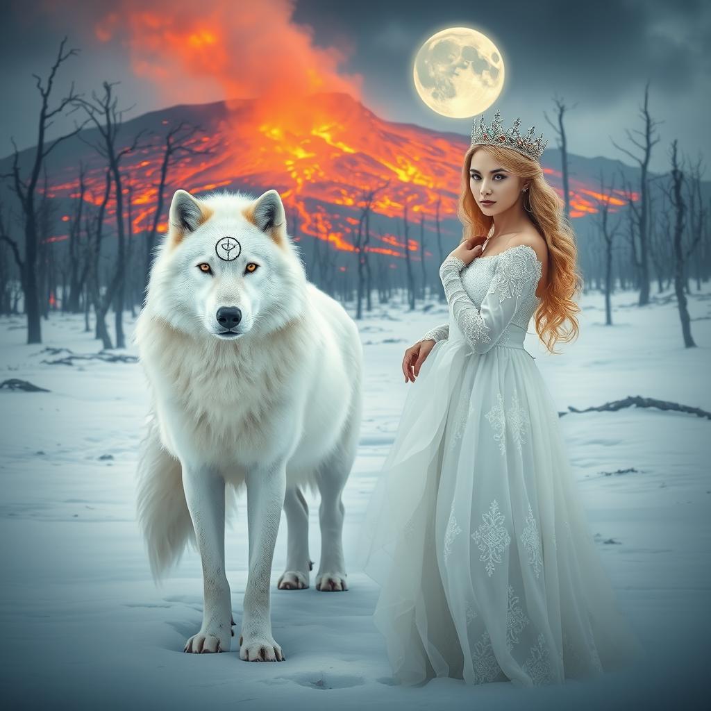 A majestic white wolf with a prominent moon symbol on its forehead standing in the snow, surrounded by a mystical winter landscape