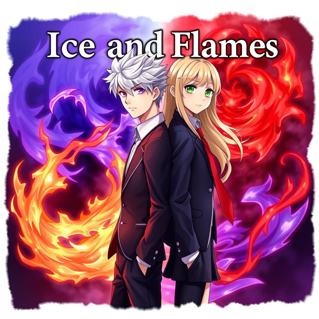 A fantasy book cover titled "Ice and Flames" featuring a teenage boy and girl standing back to back at the center